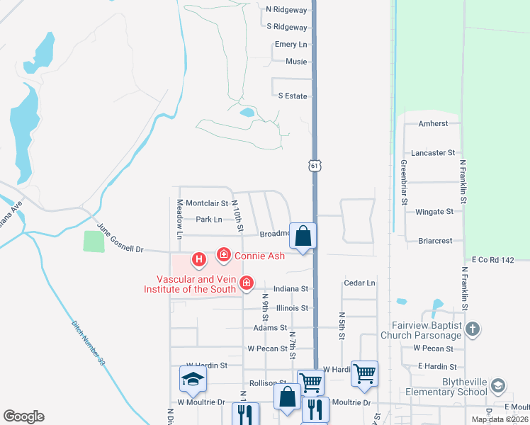 map of restaurants, bars, coffee shops, grocery stores, and more near 1801 Eastgate Street in Blytheville