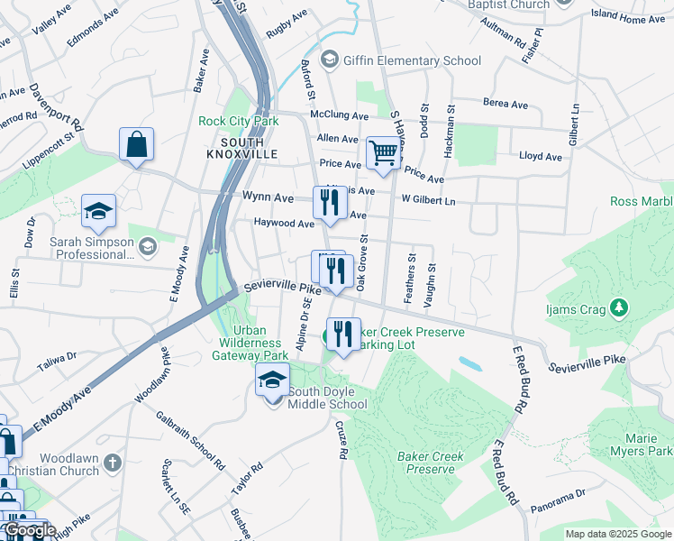 map of restaurants, bars, coffee shops, grocery stores, and more near 3510 Sevier Avenue in Knoxville