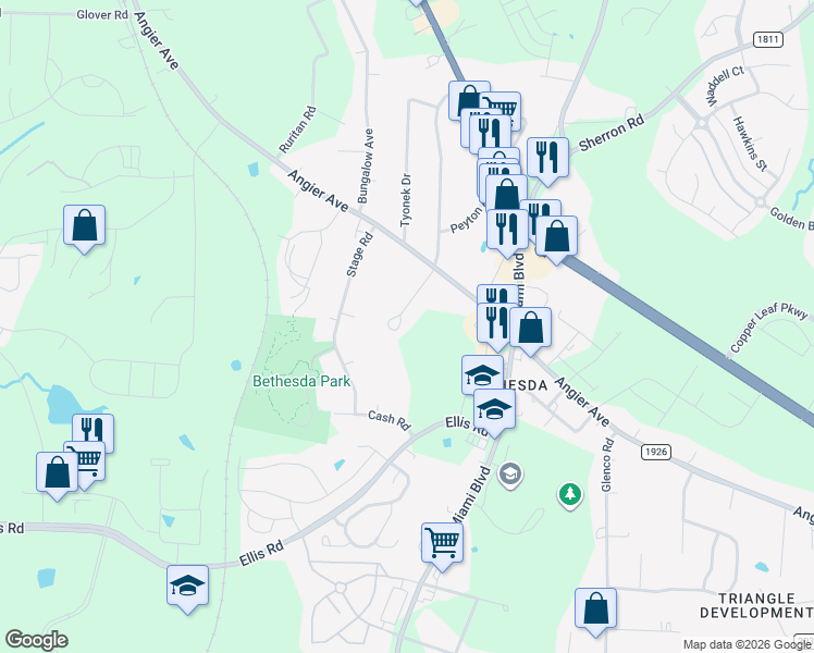 map of restaurants, bars, coffee shops, grocery stores, and more near 1721 Marly Drive in Durham