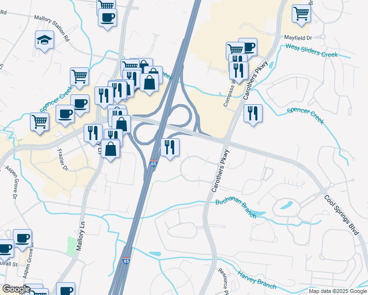 map of restaurants, bars, coffee shops, grocery stores, and more near 810 Crescent Centre Drive in Franklin
