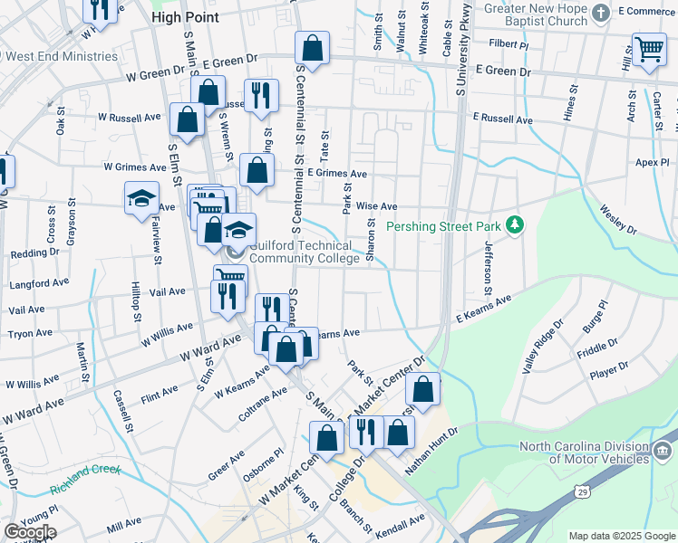 map of restaurants, bars, coffee shops, grocery stores, and more near 1000 Park Street in High Point