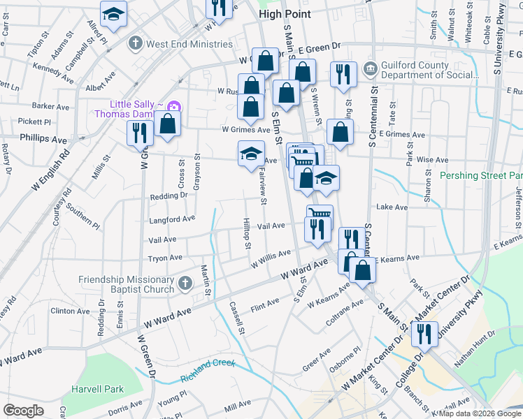 map of restaurants, bars, coffee shops, grocery stores, and more near 718 Fairview Street in High Point