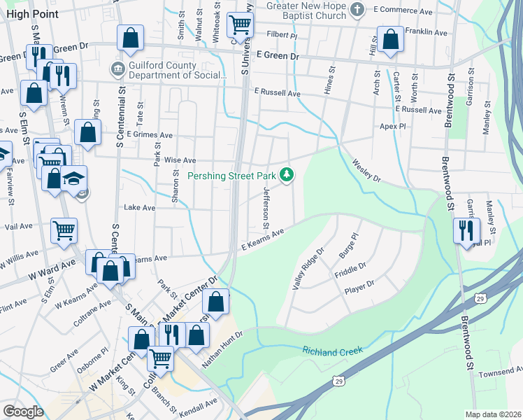 map of restaurants, bars, coffee shops, grocery stores, and more near 1113 Jefferson Street in High Point