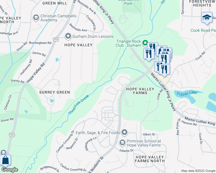map of restaurants, bars, coffee shops, grocery stores, and more near 160 Cedar Elm Road in Durham