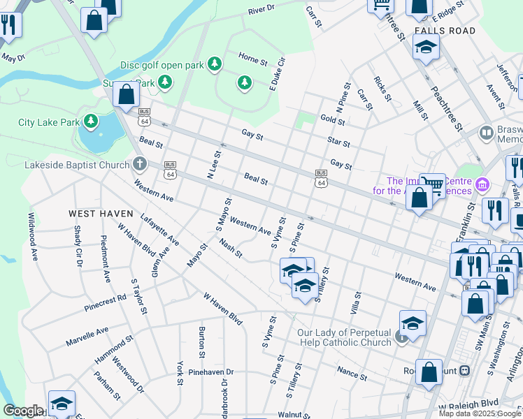 map of restaurants, bars, coffee shops, grocery stores, and more near 1101 Sunset Avenue in Rocky Mount