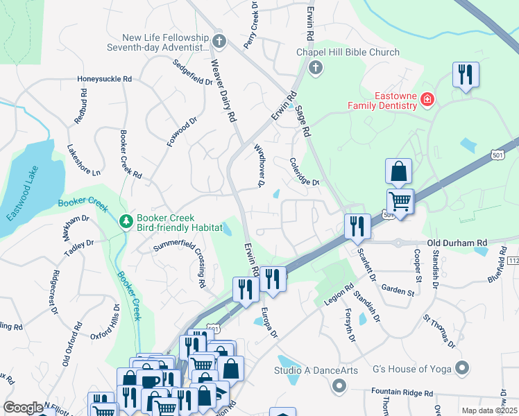 map of restaurants, bars, coffee shops, grocery stores, and more near 201 B McGregor Drive in Chapel Hill