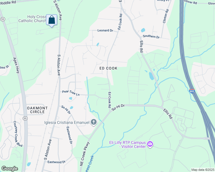 map of restaurants, bars, coffee shops, grocery stores, and more near 1716 Ed Cook Road in Durham
