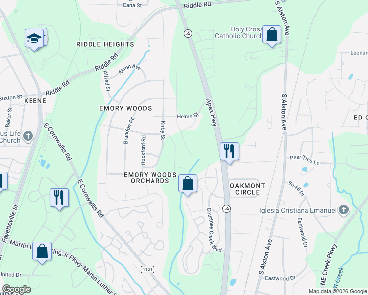 map of restaurants, bars, coffee shops, grocery stores, and more near 2624 North Carolina 55 in Durham