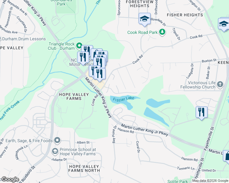 map of restaurants, bars, coffee shops, grocery stores, and more near 1119 Orchard Oriole Lane in Durham