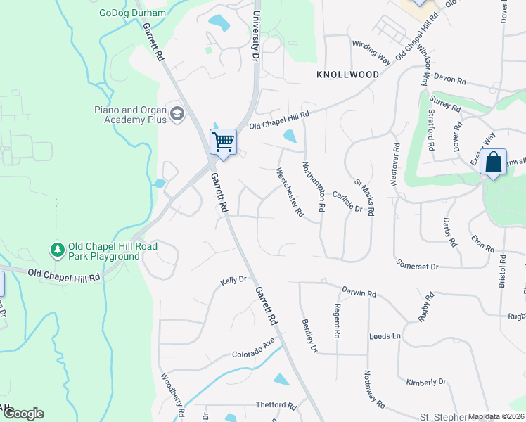 map of restaurants, bars, coffee shops, grocery stores, and more near 4110 Champaign Drive in Durham