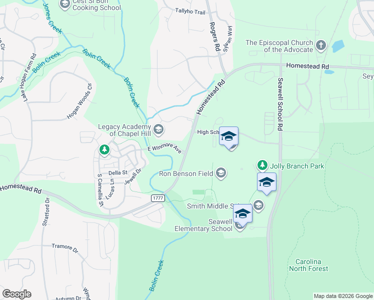 map of restaurants, bars, coffee shops, grocery stores, and more near 1504a Homestead Road in Chapel Hill