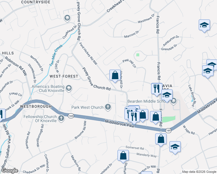 map of restaurants, bars, coffee shops, grocery stores, and more near 1226 Piney Grove Church Road in Knoxville