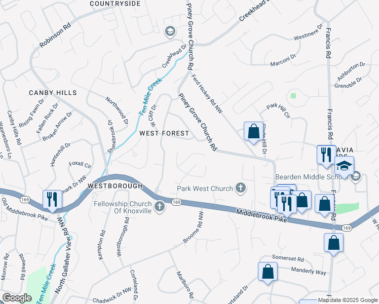 map of restaurants, bars, coffee shops, grocery stores, and more near 1155 Harbin Ridge Lane in Knoxville