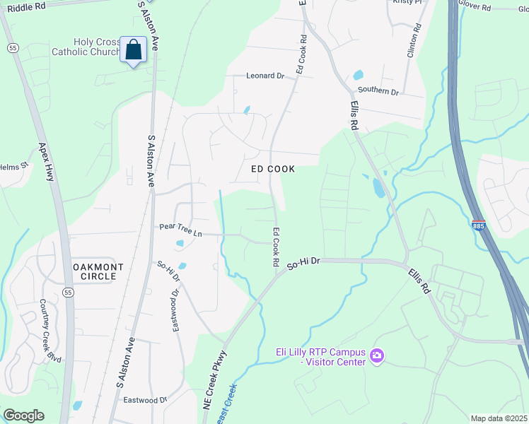 map of restaurants, bars, coffee shops, grocery stores, and more near 1716 Ed Cook Road in Durham
