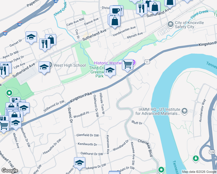 map of restaurants, bars, coffee shops, grocery stores, and more near 3643 Kingston Pike in Knoxville