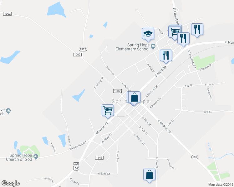 map of restaurants, bars, coffee shops, grocery stores, and more near 307 North Pine Street in Spring Hope