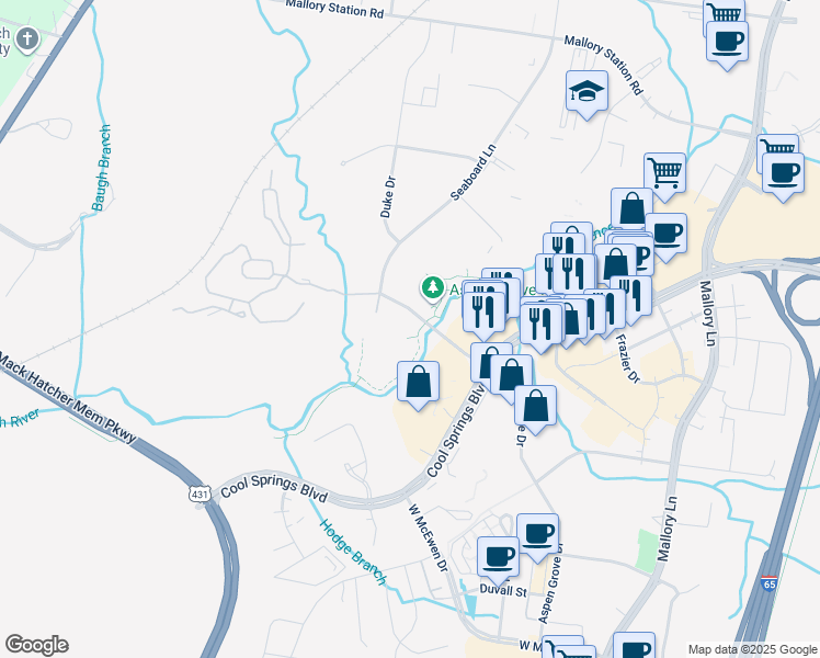 map of restaurants, bars, coffee shops, grocery stores, and more near 3201 Aspen Grove Drive in Franklin
