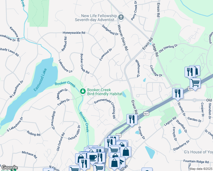 map of restaurants, bars, coffee shops, grocery stores, and more near 2146 Old Oxford Road East in Chapel Hill