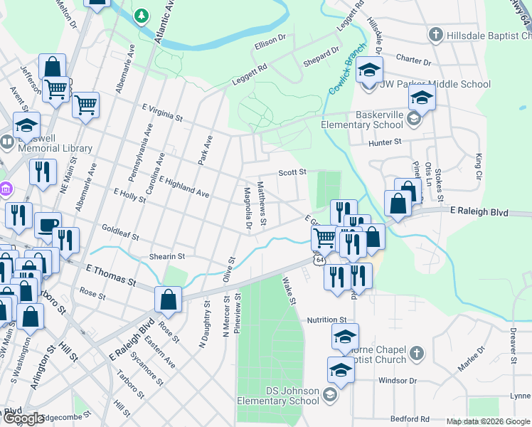 map of restaurants, bars, coffee shops, grocery stores, and more near 423 Matthews Street in Rocky Mount