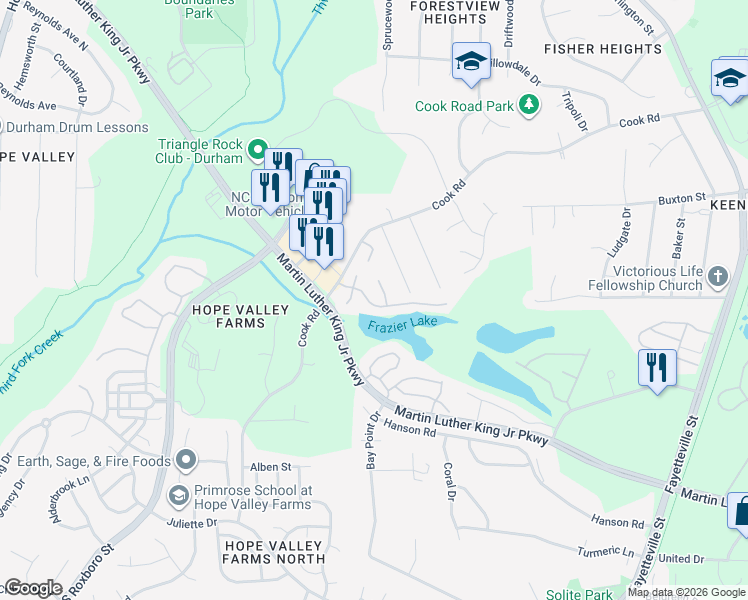 map of restaurants, bars, coffee shops, grocery stores, and more near 1119 Orchard Oriole Lane in Durham
