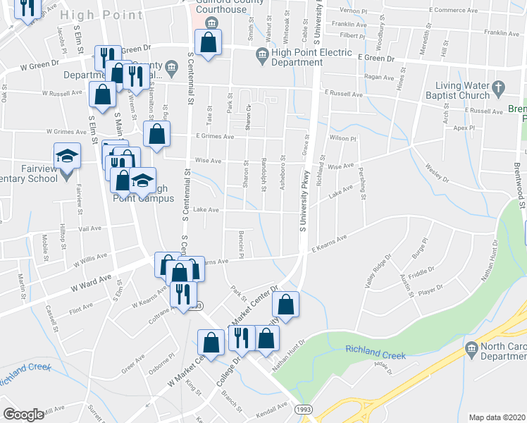 map of restaurants, bars, coffee shops, grocery stores, and more near 701 Lake Avenue in High Point