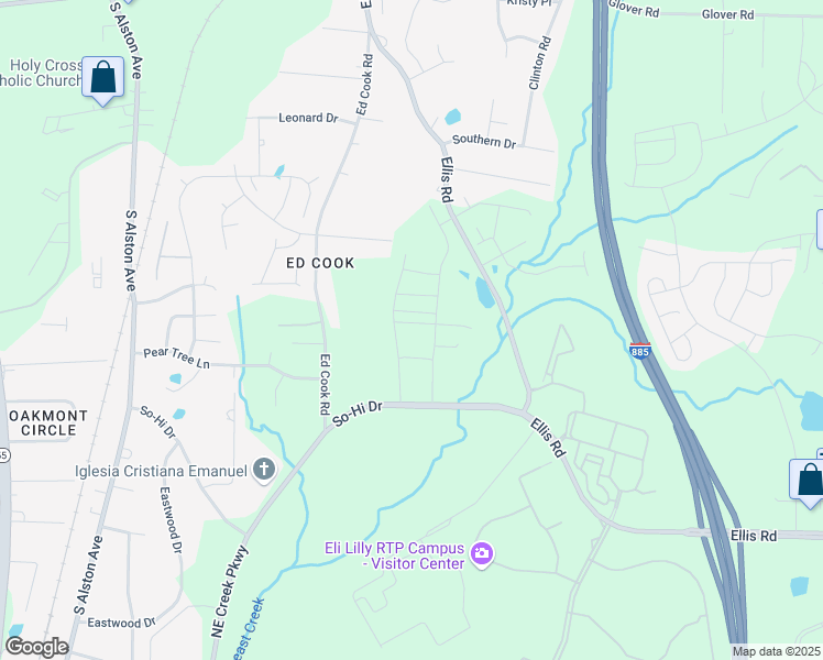 map of restaurants, bars, coffee shops, grocery stores, and more near 221 Churment Court in Durham