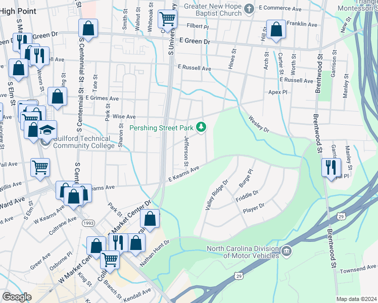 map of restaurants, bars, coffee shops, grocery stores, and more near 1113 Jefferson Street in High Point