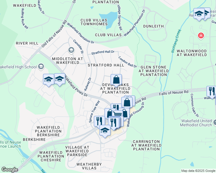 map of restaurants, bars, coffee shops, grocery stores, and more near 12209 Dunard Street in Raleigh