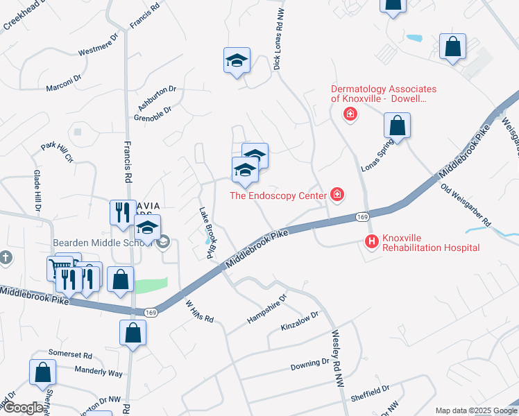 map of restaurants, bars, coffee shops, grocery stores, and more near 3100 Lake Brook Boulevard in Knoxville