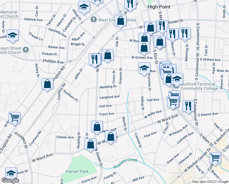 map of restaurants, bars, coffee shops, grocery stores, and more near 606 Cross Street in High Point