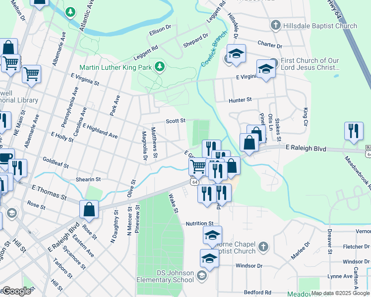 map of restaurants, bars, coffee shops, grocery stores, and more near 1300 East Holly Street in Rocky Mount