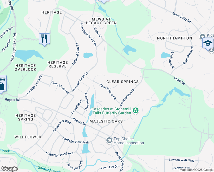 map of restaurants, bars, coffee shops, grocery stores, and more near 1512 Sand Hollow Circle in Wake Forest
