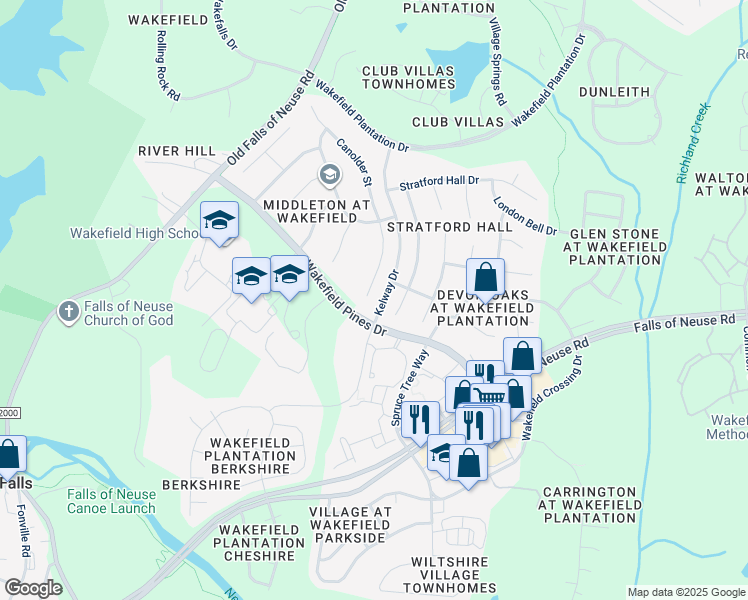 map of restaurants, bars, coffee shops, grocery stores, and more near 12304 Canolder Street in Raleigh