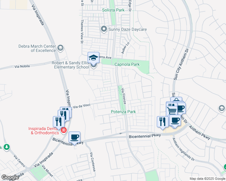 map of restaurants, bars, coffee shops, grocery stores, and more near 2261 Via Firenze in Henderson