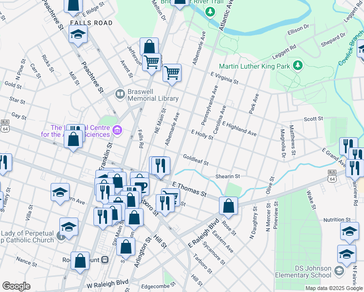 map of restaurants, bars, coffee shops, grocery stores, and more near 200 Goldleaf Street in Rocky Mount