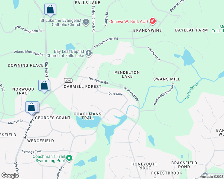 map of restaurants, bars, coffee shops, grocery stores, and more near 12024 Deer Run in Raleigh