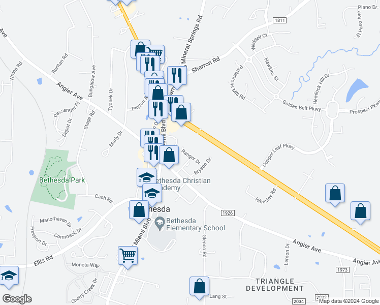 map of restaurants, bars, coffee shops, grocery stores, and more near 1924 Bailey Street in Durham