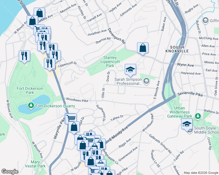 map of restaurants, bars, coffee shops, grocery stores, and more near 3208 Ellis Street in Knoxville