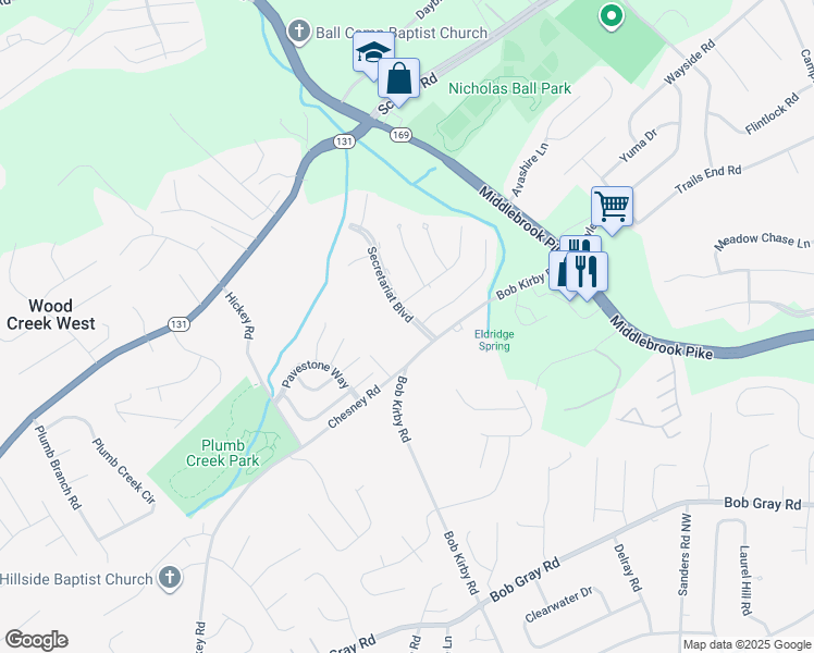 map of restaurants, bars, coffee shops, grocery stores, and more near 9852 War Admiral Lane in Knoxville