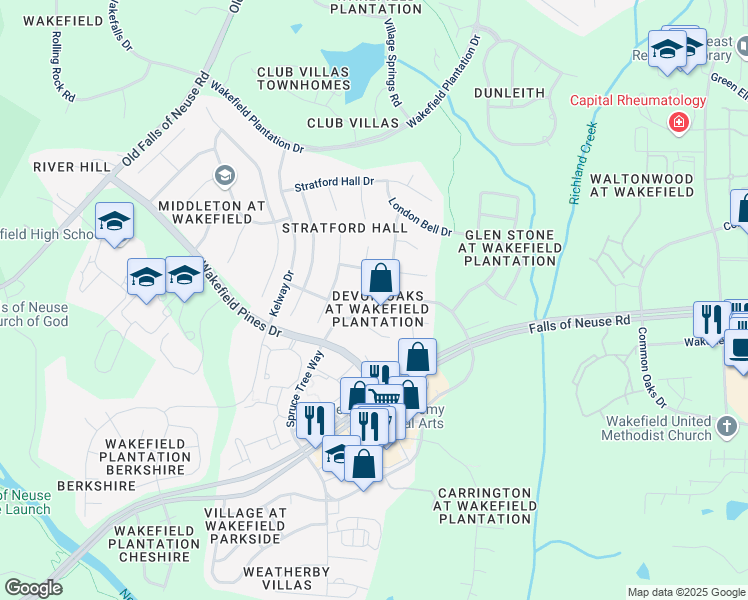 map of restaurants, bars, coffee shops, grocery stores, and more near 12224 Dunard Street in Raleigh