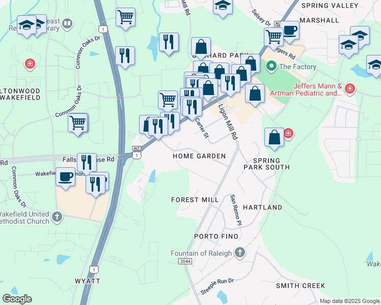 map of restaurants, bars, coffee shops, grocery stores, and more near 1641 Wake Drive in Wake Forest
