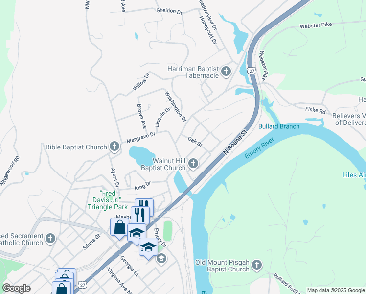 map of restaurants, bars, coffee shops, grocery stores, and more near 205 Maple Street in Harriman