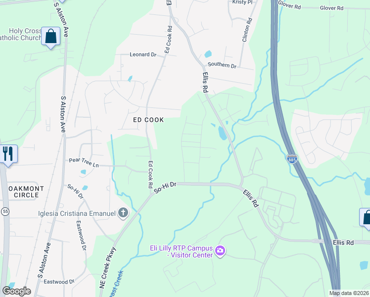 map of restaurants, bars, coffee shops, grocery stores, and more near 221 Churment Court in Durham