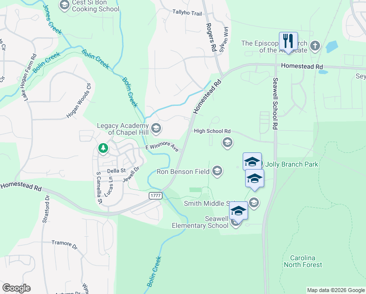 map of restaurants, bars, coffee shops, grocery stores, and more near 1504a Homestead Road in Chapel Hill