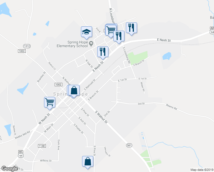 map of restaurants, bars, coffee shops, grocery stores, and more near 318 East Branch Street in Spring Hope