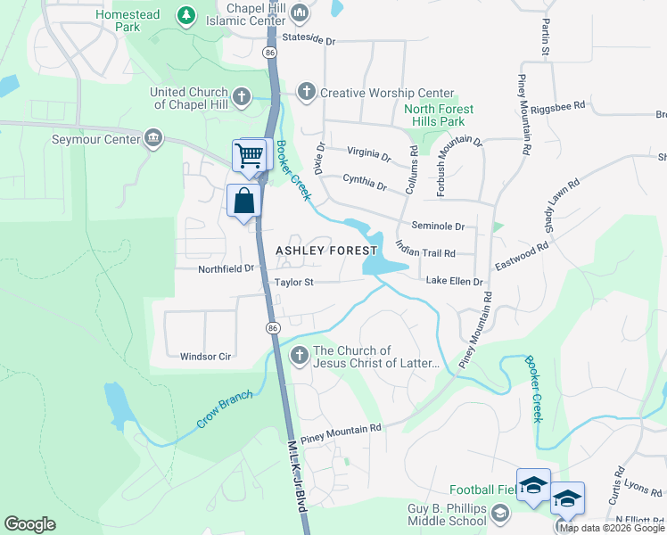 map of restaurants, bars, coffee shops, grocery stores, and more near 3 Ellen Place in Chapel Hill