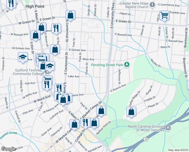 map of restaurants, bars, coffee shops, grocery stores, and more near 933 Randolph Street in High Point