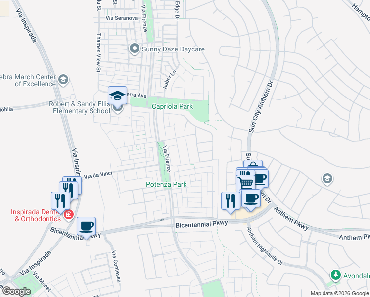 map of restaurants, bars, coffee shops, grocery stores, and more near 2171 Tortona Street in Henderson