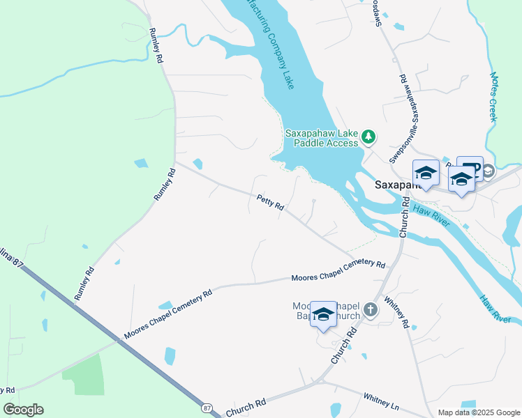 map of restaurants, bars, coffee shops, grocery stores, and more near 1573 Petty Road in Graham
