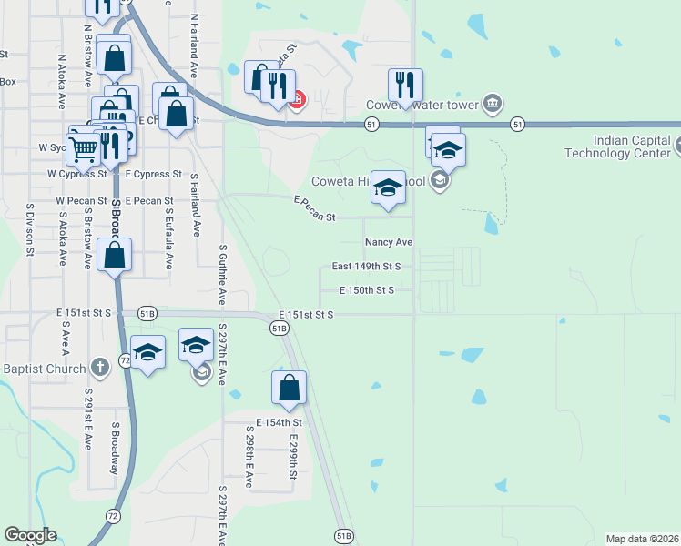 map of restaurants, bars, coffee shops, grocery stores, and more near 30190 E 149th Street South in Coweta